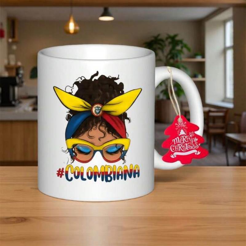 Tailorly White Ceramic 11 oz Mug - Colombiana Stylized Afro Hair Wearing Vibrant Bow And Sunglasses Woman