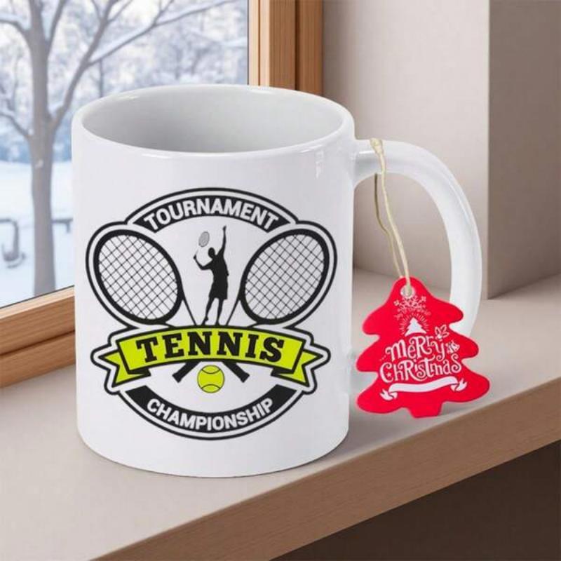 Tailorly White Ceramic 11 oz Mug - Tournament Tennis Championship Professional Crossed Rackets With An Athletic Player Silhouette Serving A Ball Racket