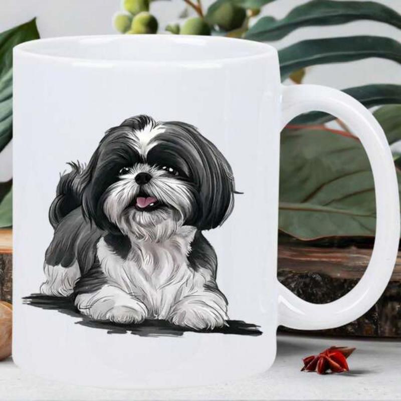 Tailorly White Ceramic 11 oz Mug - Hand Drawn Black And White Furry Pet Sitting On Flat Ground Shih Tzu