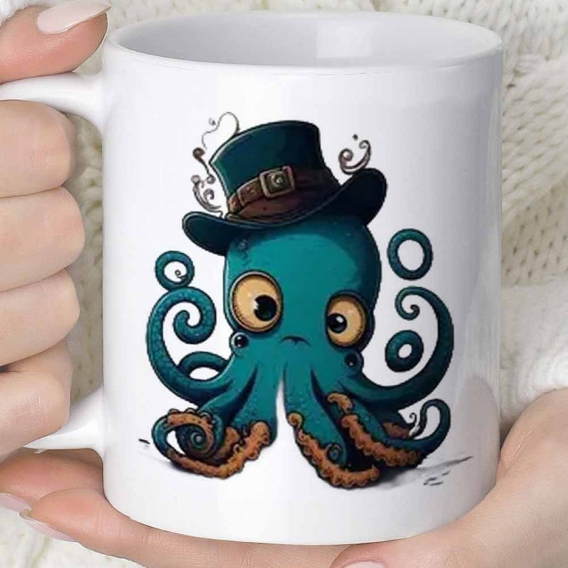 Tailorly White Ceramic 11 oz Mug - Whimsical Teal Sea Creature Wearing A Dapper Top Hat With Curled Tentacles Octopus