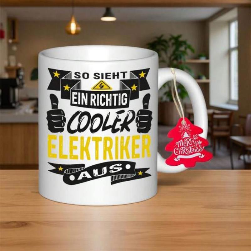 Tailorly White Ceramic 11 oz Mug - Decorative Banners And Stars With Thumbs Up And Lightning Bolt Electrician