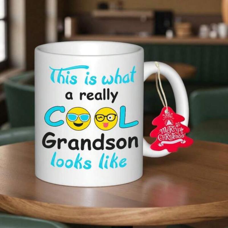 Tailorly White Ceramic 11 oz Mug - This Is What A Really Cool Grandson Looks Like White Ceramic Cup With Funny Yellow Emojis And Colorful Text Mug