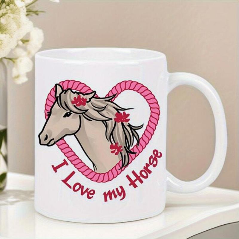 Tailorly White Ceramic 11 oz Mug - I Love My Horse Elegant Profile Within Pink Rope Heart Among Small Red Blossoms Horse