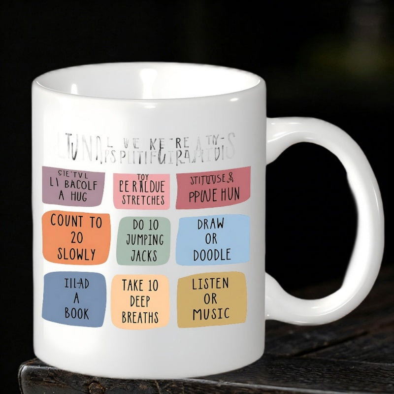 Tailorly White Ceramic 11 oz Mug - Count To 20 Slowly Do 10 Jumping Jacks Draw Or Doodle Vibrant Colorful Rectangles Showcasing Various Mindful Wellness And Daily