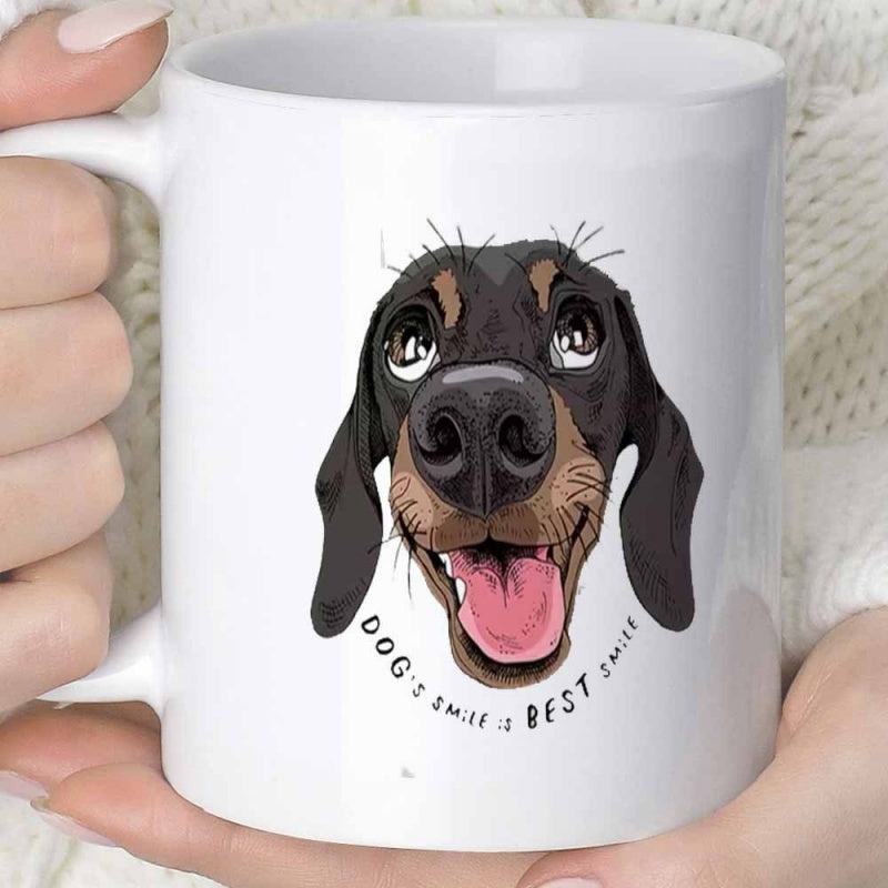 Tailorly White Ceramic 11 oz Mug - Dogs Smile Is Best Smile Cheerful Smiling Dog Face With Joyful Expression And Long Ears Dachshund