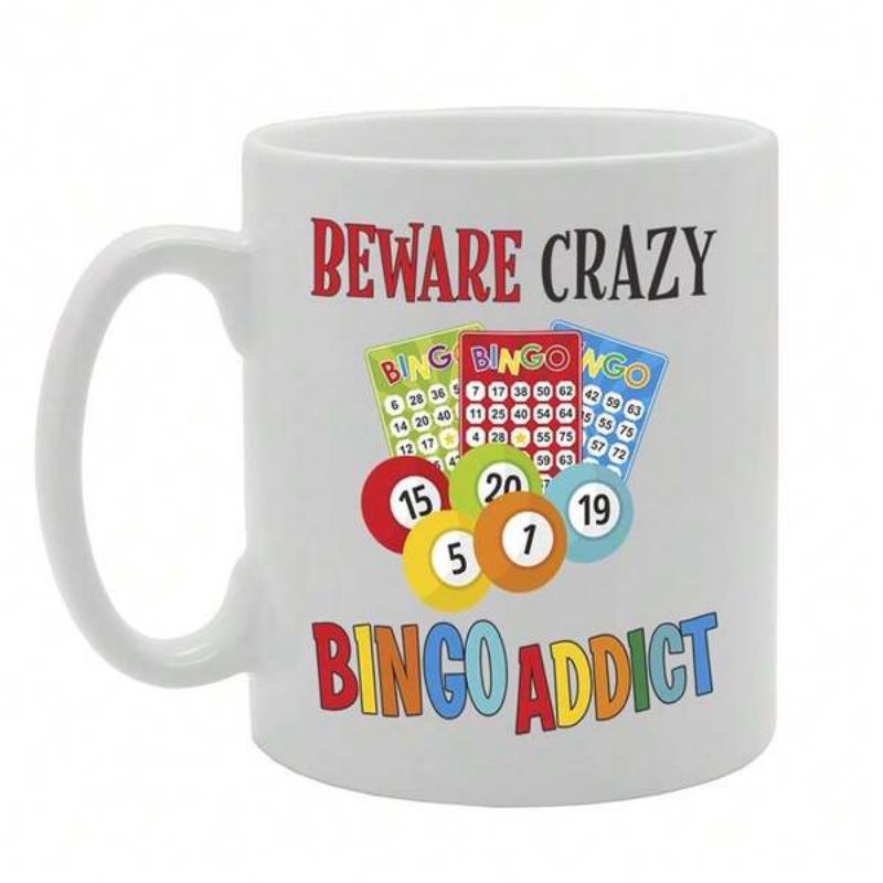 Tailorly White Ceramic 11 oz Mug - Beware Crazy Bingo Addict Colorful Game Cards And Numbered Balls Floating In Playful Style Bingo