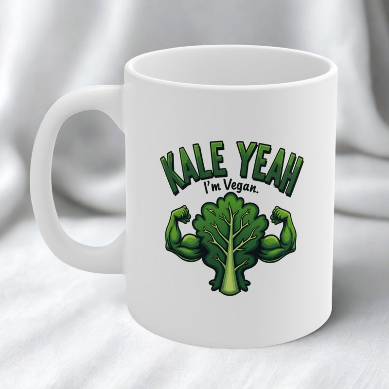 Tailorly White Ceramic 11 oz Mug - Kale Yeah I M Vegan Vibrant Green Leaf With Strong Powerful Flexing Muscular Human Arms Kale