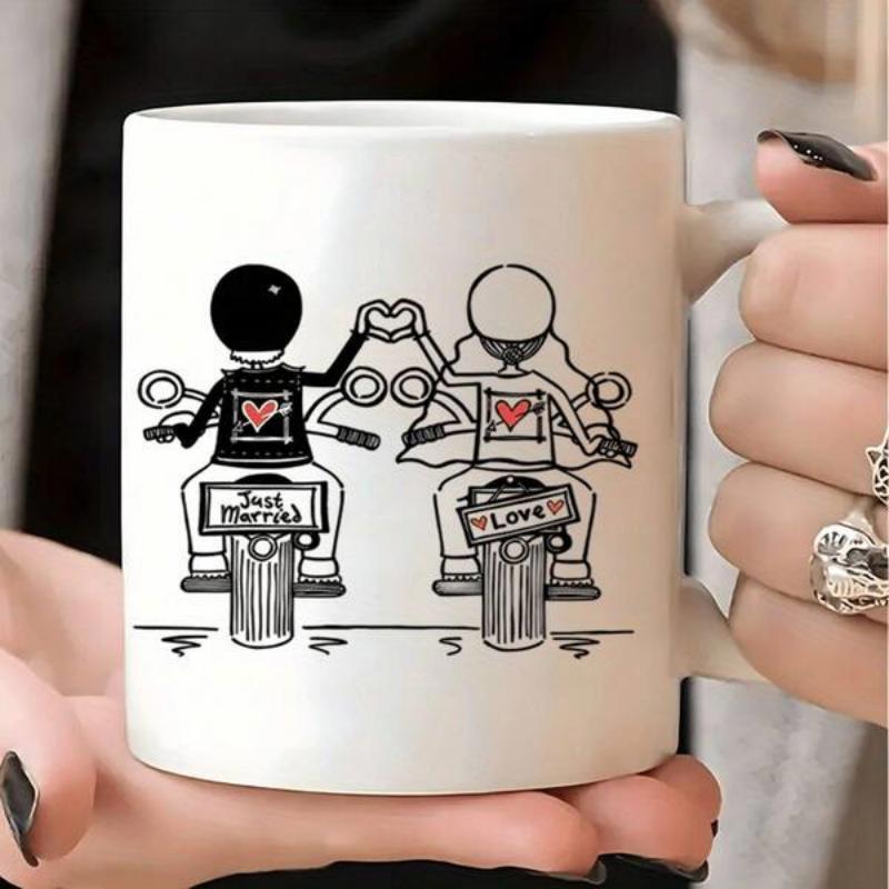 Tailorly White Ceramic 11 oz Mug - Just Married Love Minimalist Line Art Newlyweds Riding Two Motorcycles Forming Heart Motorcycle