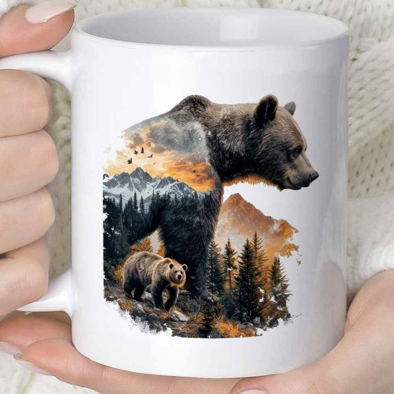 Tailorly White Ceramic 11 oz Mug - Majestic Wilderness Scene With Pine Trees Under Sunlit Mountain Peaks Within Bear