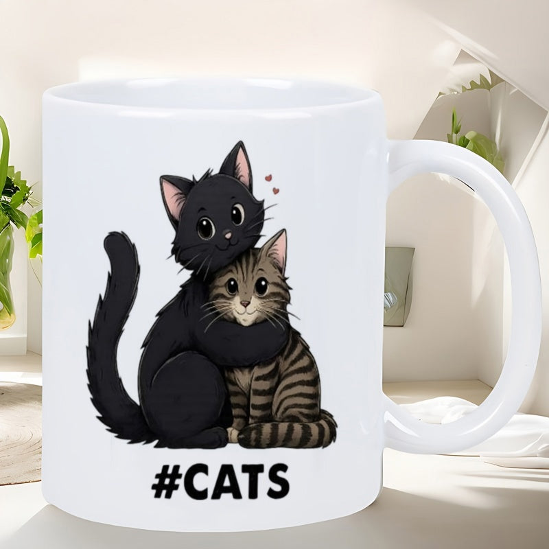 Tailorly White Ceramic 11 oz Mug - Cats Two Adorable Cartoon Kittens Sharing A Warm Heartfelt Hug Cat