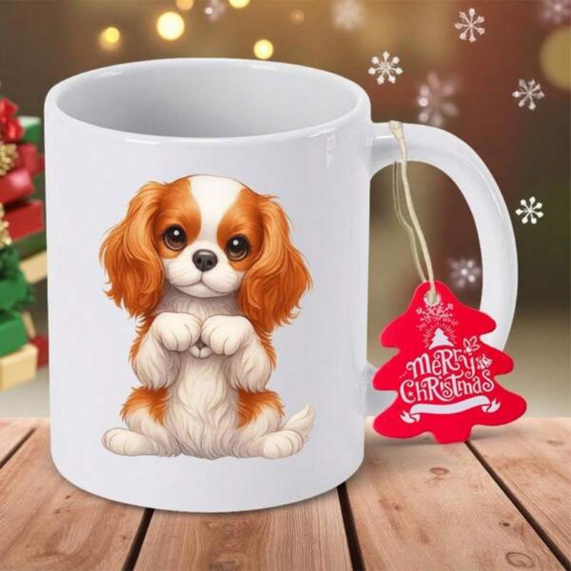 Tailorly White Ceramic 11 oz Mug - Merry Christmas Cute Little Cavalier Spaniel Puppy Sitting On A Clean White Backdrop Puppy