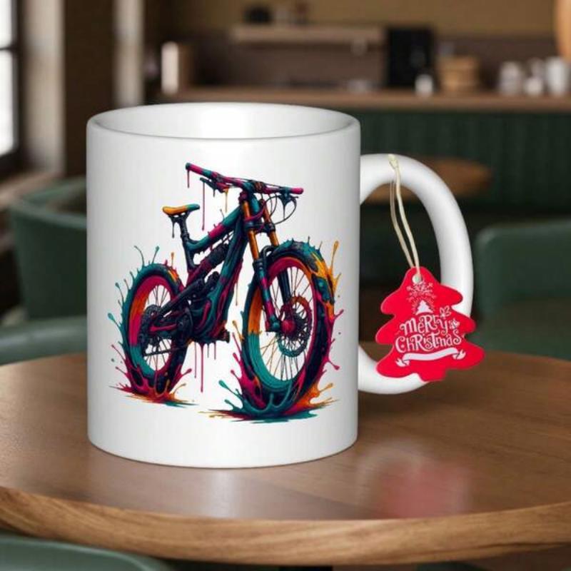 Tailorly White Ceramic 11 oz Mug - Merry Christmas Artistic Colorful Paint Splashes Surrounding A Sturdy Modern Mountain Bicycle