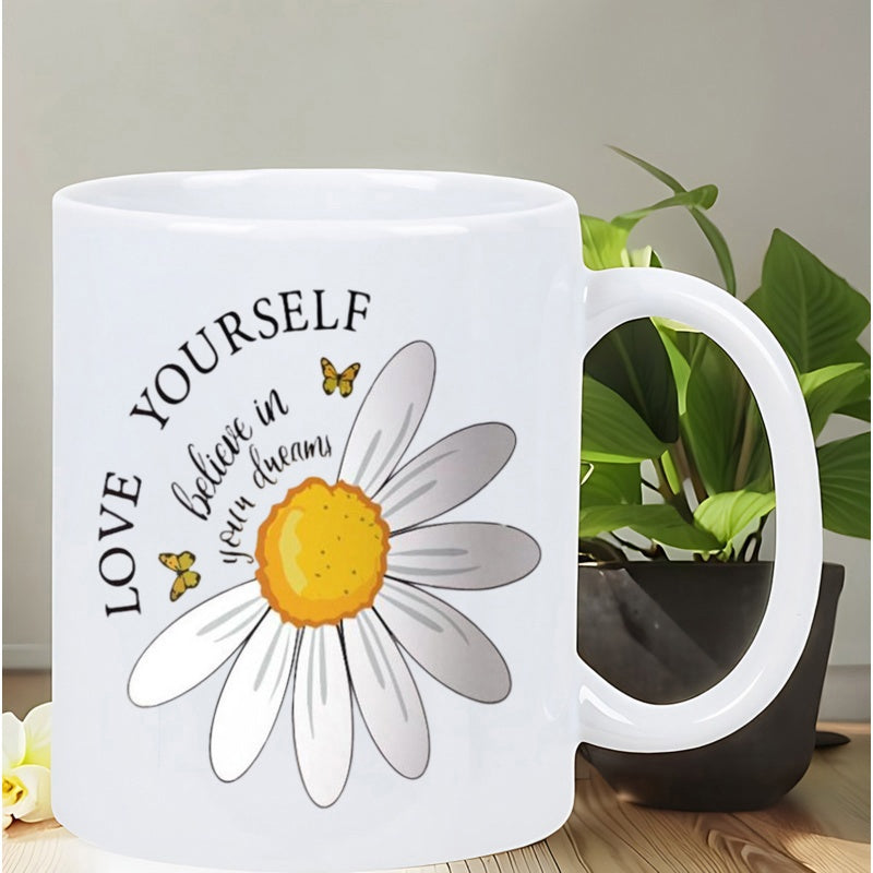 Tailorly White Ceramic 11 oz Mug - Love Yourself Believe In Your Dreams Blooming White Petals With Yellow Center And Small Golden Butterflies Fluttering Daisy