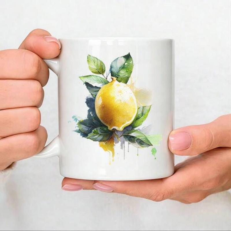 Tailorly White Ceramic 11 oz Mug - Vibrant Yellow Watercolor Style With Lush Green Leaves And Artistic Splashes Lemon