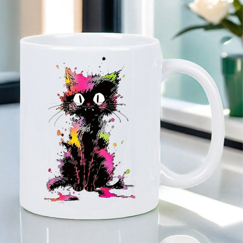 Tailorly White Ceramic 11 oz Mug - Abstract Artistic Colorful Splatter Ink Sitting With Big Eyes Cute Silhouette Cat