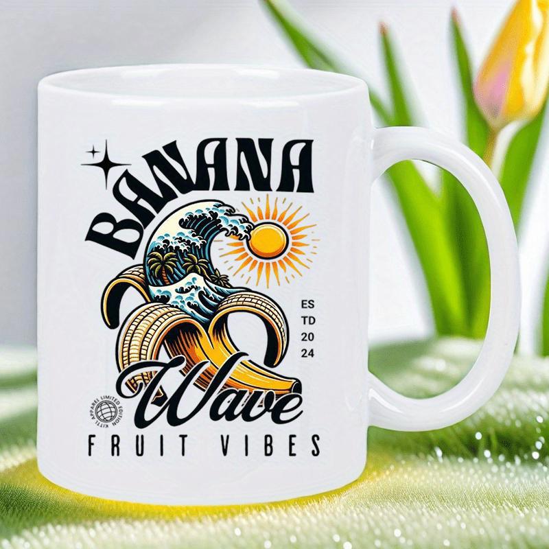 Tailorly White Ceramic 11 oz Mug - Banana Wave Fruit Vibes Tropical Peeling Banana Featuring Great Ocean Wave Under Sun Banana