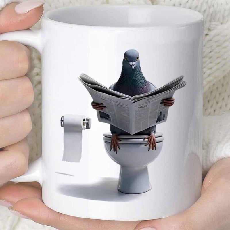 Tailorly White Ceramic 11 oz Mug - Funny Urban Bird Reading Newspaper Sitting On A White Toilet Pigeon