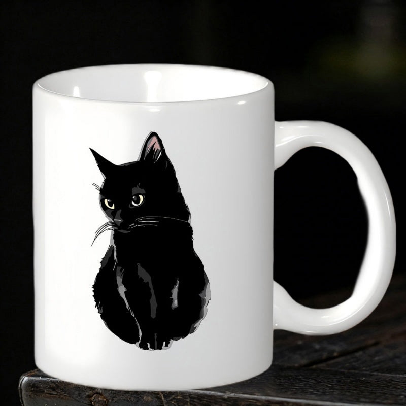 Tailorly White Ceramic 11 oz Mug - Artistic Hand Painted Style Sitting Black Cat With Intense Expressive Eyes Cat