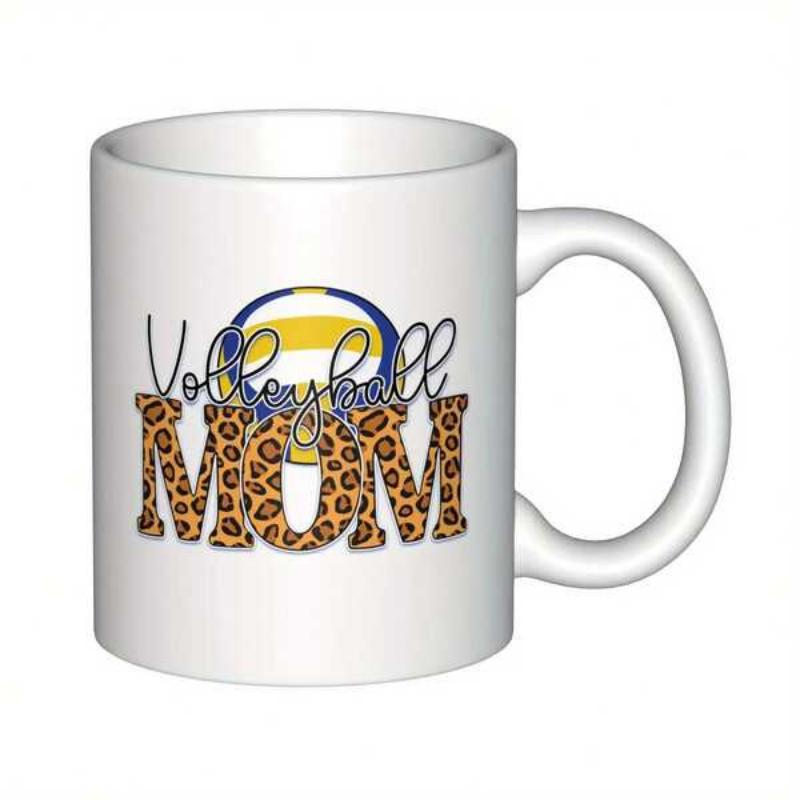 Tailorly White Ceramic 11 oz Mug - Volleyball Mom Classic Sports Ball With Leopard Texture Lettering Featuring Tribute Volleyball