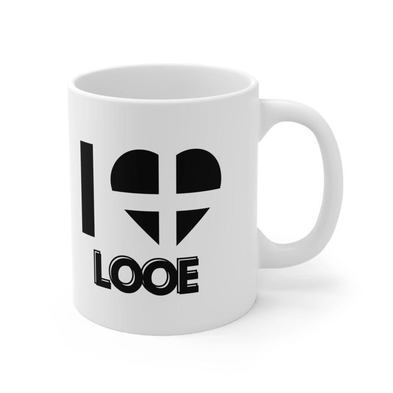Tailorly White Ceramic 11 oz Mug - I Love Looe Bold Black Heart With White Cornish Flag Cross Symbol Minimalist Typographic Heart