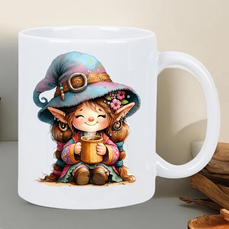 Tailorly White Ceramic 11 oz Mug - Adorable Small Elf Girl Wearing Large Blue Pointed Wizard Hat Elf
