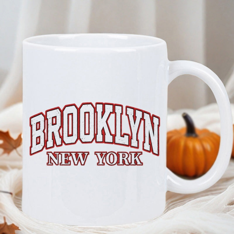 Tailorly White Ceramic 11 oz Mug - Brooklyn New York Sleek Minimalist White Ceramic Vessel Sitting In Cozy Rustic Fall Arrangement Mug