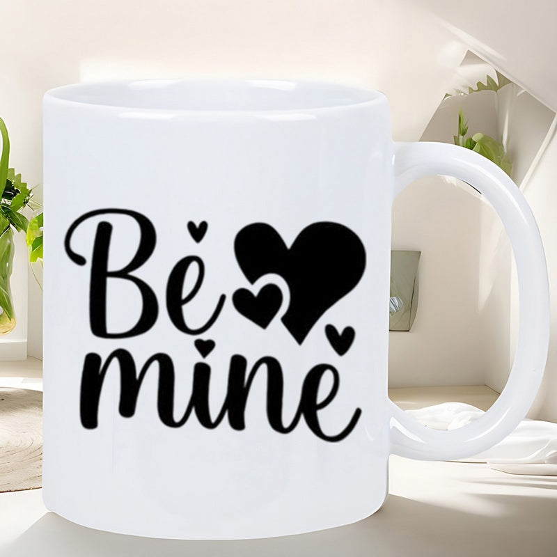 Tailorly White Ceramic 11 oz Mug - Be Mine Romantic Handwritten Text Surrounded By Minimalist Solid Black Decorative Graphic Heart