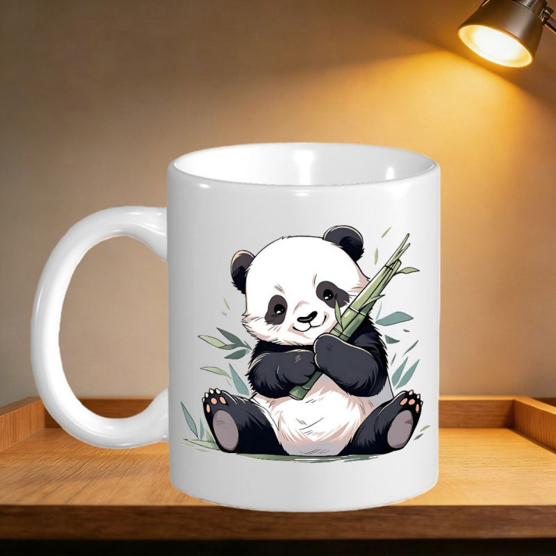 Tailorly White Ceramic 11 oz Mug - Adorable Chubby Giant Panda Sitting And Clasping A Fresh Bamboo Stalk Panda