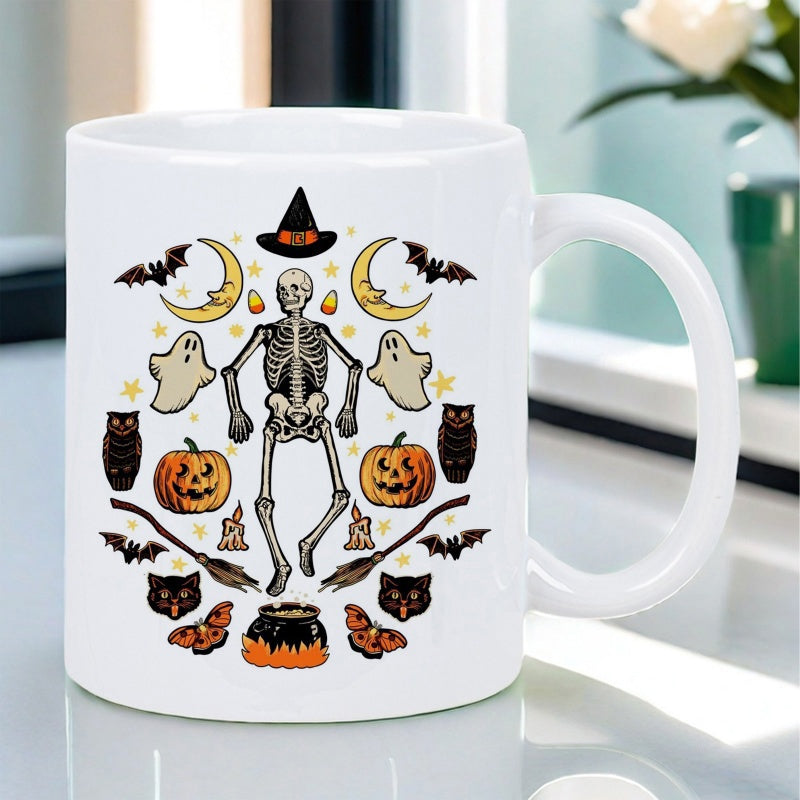 Tailorly White Ceramic 11 oz Mug - Dancing Halloween Figure Surrounded By Spooky Pumpkins And Ghostly Night Creatures Skeleton