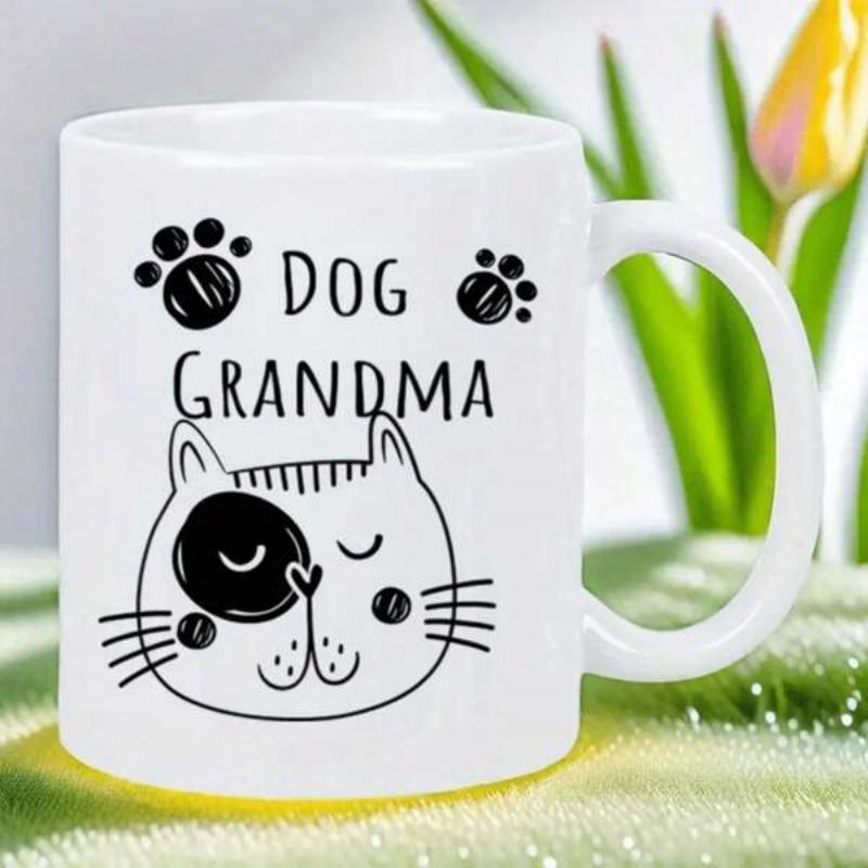 Tailorly White Ceramic 11 oz Mug - Dog Grandma Cute Hand Drawn Line Art Feline With Black Eye Patch Cat