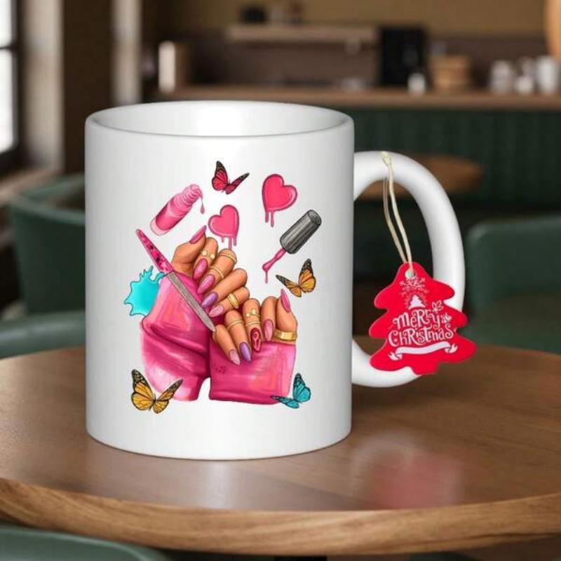 Tailorly White Ceramic 11 oz Mug - Elegant Manicured Hands With Dripping Pink Nail Polish Hearts And Flying Butterflies Hand