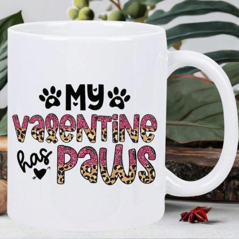 Tailorly White Ceramic 11 oz Mug - My Valentine Has Paws Leopard Printed Texture Accented With Minimalist Heart Shaped Paw Prints Paw