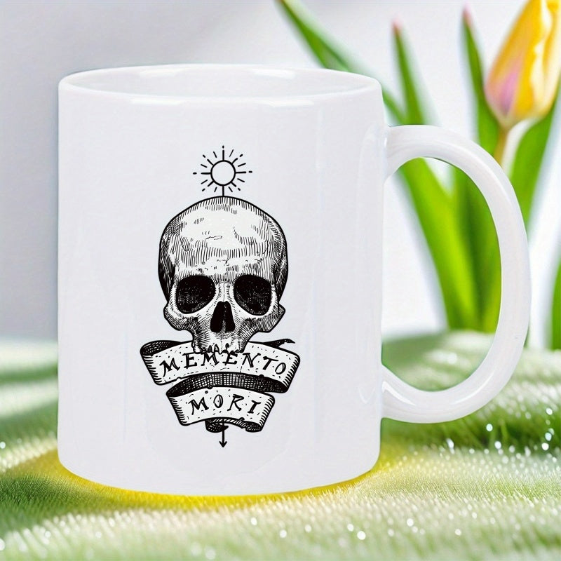 Tailorly White Ceramic 11 oz Mug - Memento Mori Realistic Human Skull With Vintage Ribbon Banner Under Radiant Sun Skull