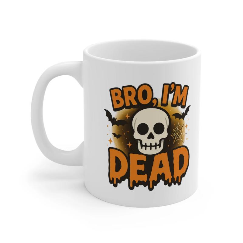 Tailorly White Ceramic 11 oz Mug - Bro Im Dead Spooky Cartoonish Skull Surrounded By Flying Bats And Brown Glowing Texture Skull