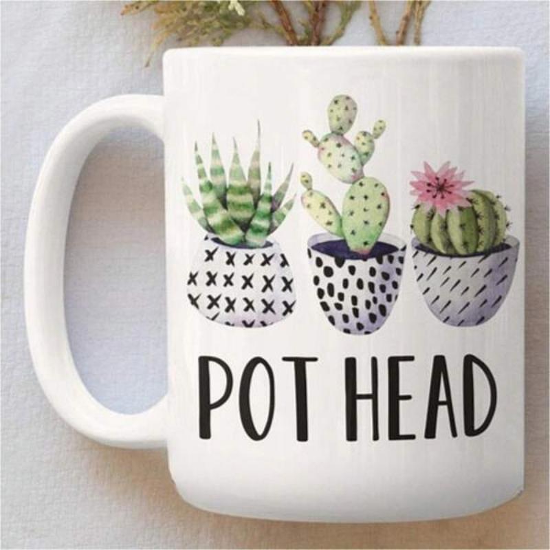 Tailorly White Ceramic 11 oz Mug - Pot Head Three Green Succulents Growing Inside Decorative Patterned Ceramic Pots Plant