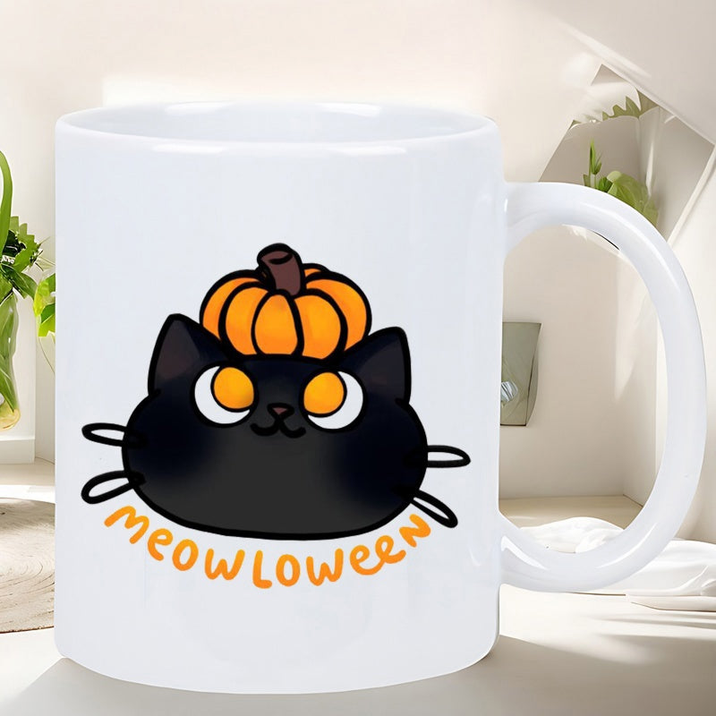 Tailorly White Ceramic 11 oz Mug - Meowloween Adorable Round Black Kitten Wearing A Tiny Orange Festive Pumpkin Cat