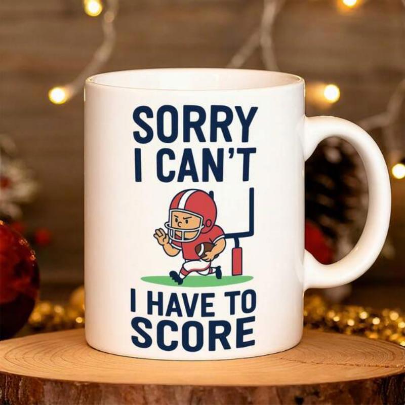 Tailorly White Ceramic 11 oz Mug - Sorry I Cant I Have To Score Red Uniform Athlete Running On Green Grass Near Goal Post Football Player