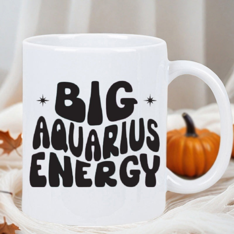 Tailorly White Ceramic 11 oz Mug - Big Aquarius Energy Bold Retro Funky Typography Featuring Small Sparkling Decorative Stars Mug