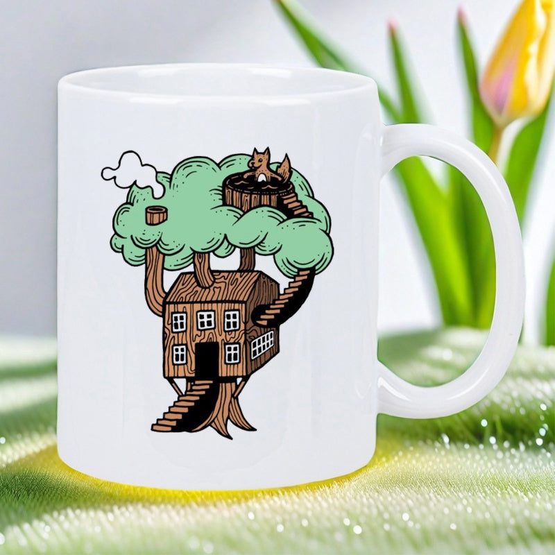 Tailorly White Ceramic 11 oz Mug - Cozy Wooden Treehouse With Green Foliage And Small Animal On Top Treehouse