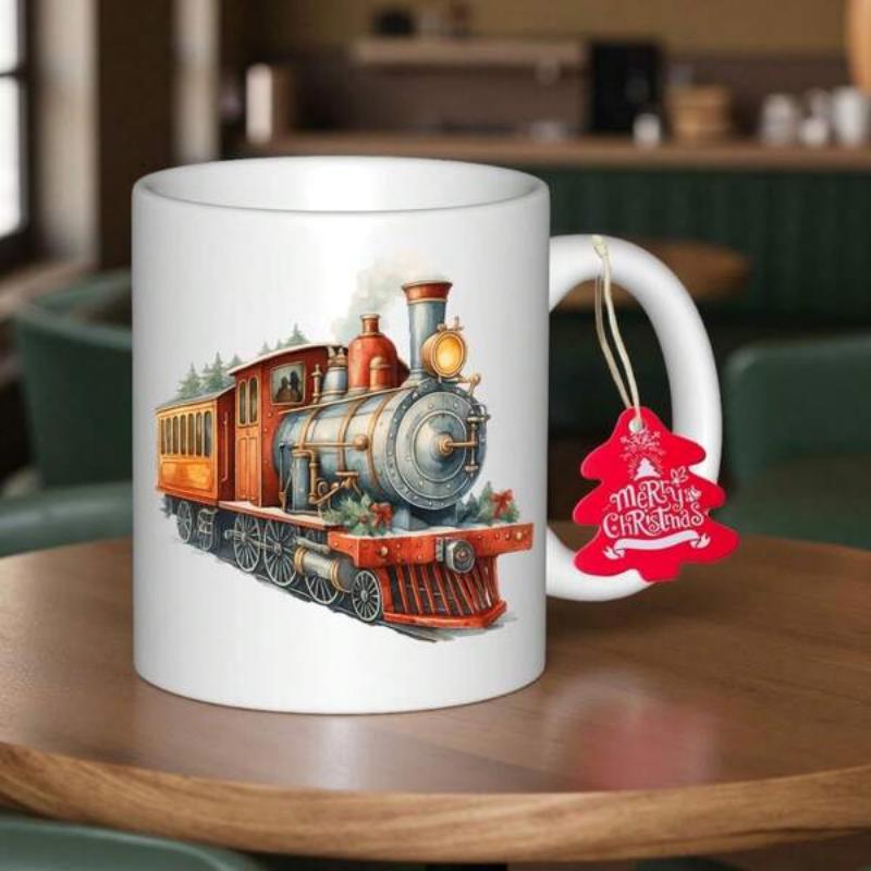 Tailorly White Ceramic 11 oz Mug - Classic Vintage Steam Locomotive Puffing Smoke Moving On Tracks Under Sunlight Train