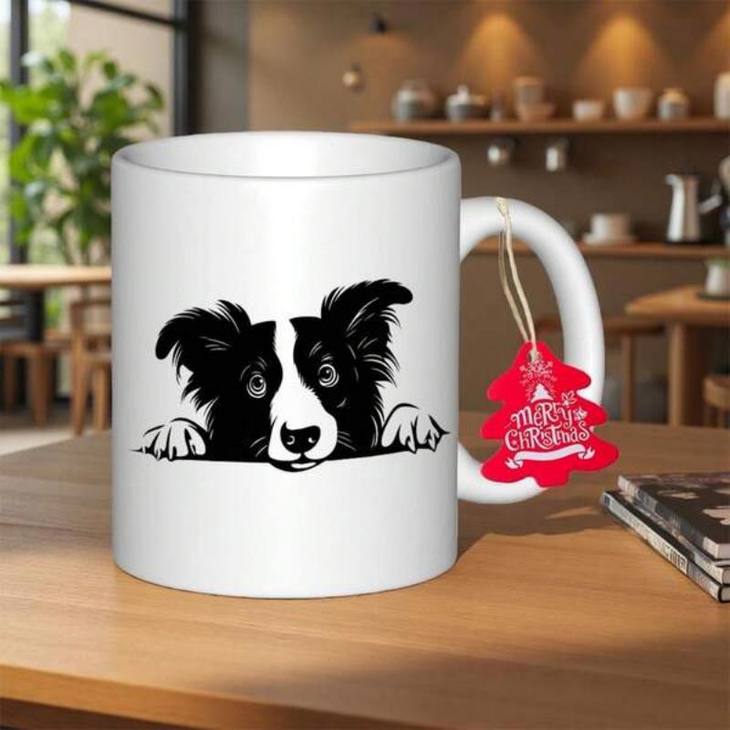 Tailorly White Ceramic 11 oz Mug - Hand Drawn Sketch Peeking Over Edge Cute Black White Border Collie