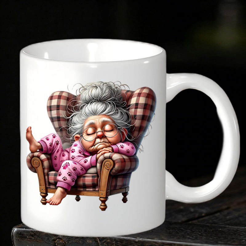 Tailorly White Ceramic 11 oz Mug - Relaxed Elderly Woman Sleeping Peacefully In A Plaid Classic Vintage Armchair Grandmother