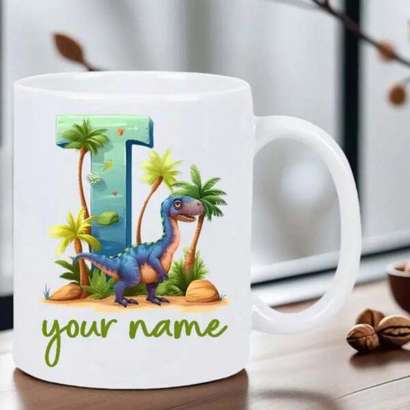 Tailorly White Ceramic 11 oz Mug - Your Name Friendly Blue Cartoon Creature Amidst Tropical Green Palm Trees Dinosaur