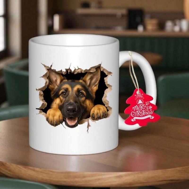 Tailorly White Ceramic 11 oz Mug - Merry Christmas Majestic German Shepherd Peeking Through A Broken Hole On Ceramic Surface German Shepherd