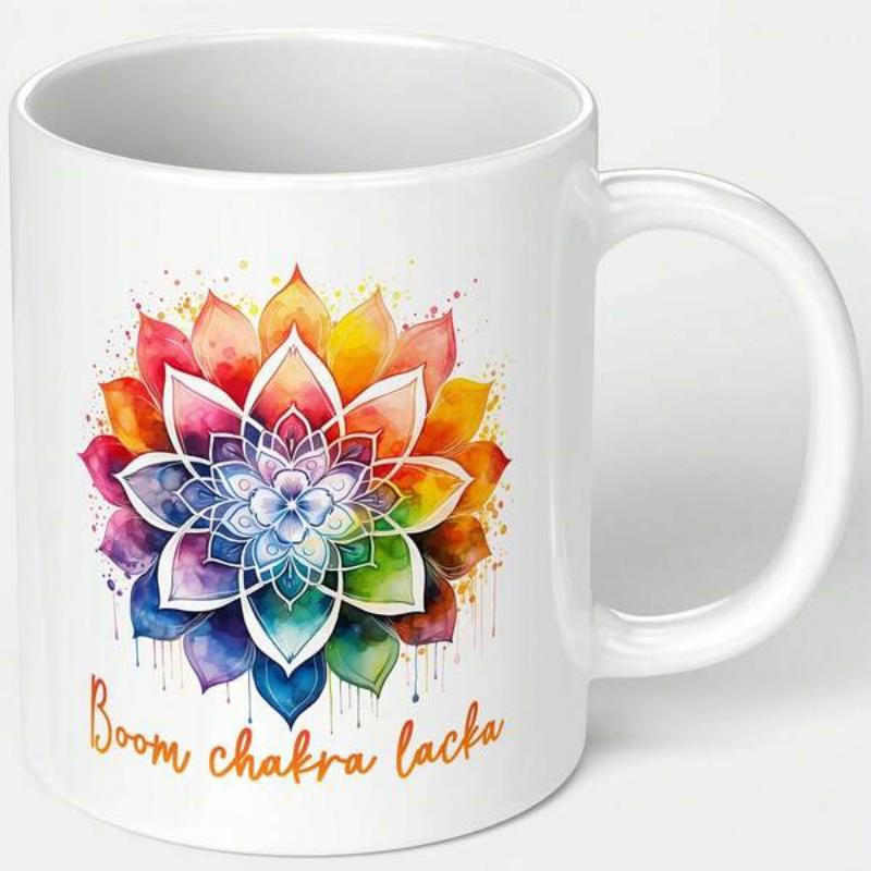Tailorly White Ceramic 11 oz Mug - Boom Chakra Lacka Vibrant Watercolor Rainbow Mandala Petals Blooming In Artistic Symmetry Spiritual Lotus