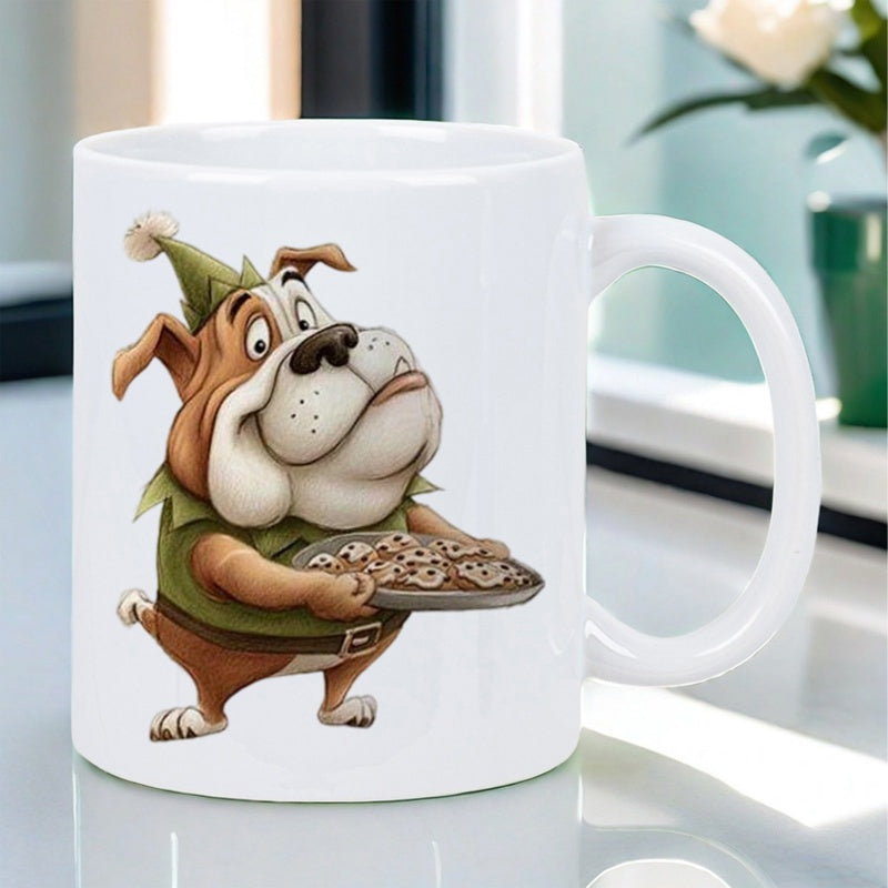 Tailorly White Ceramic 11 oz Mug - Whimsical Cartoon Character Wearing Green Elf Costume Carrying Tray Of Cookies Bulldog