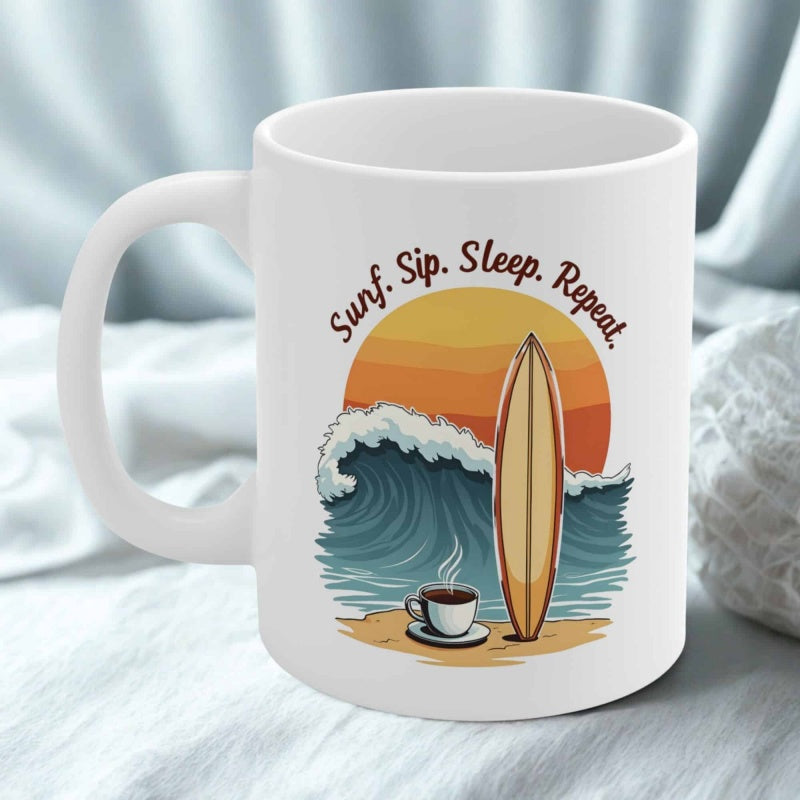 Tailorly White Ceramic 11 oz Mug - Surf Sip Sleep Repeat Vibrant Retro Sunset Over Crashing Ocean Waves With Coffee And Surfboard