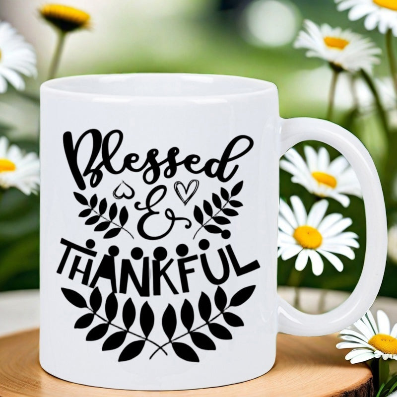 Tailorly White Ceramic 11 oz Mug - Blessed Thankful Minimalist Black Foliage Wreath With Heart Details On Mug