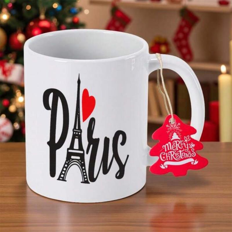 Tailorly White Ceramic 11 oz Mug - Paris Elegant Silhouette Design Representing Romantic Travel Memories With Vibrant Red Heart Eiffel Tower