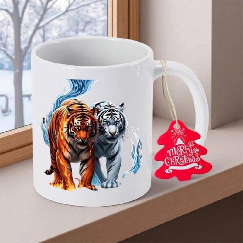 Tailorly White Ceramic 11 oz Mug - Merry Christmas Majestic Orange And White Tigers Walking Together Amidst Blue Swirling Mist Tiger